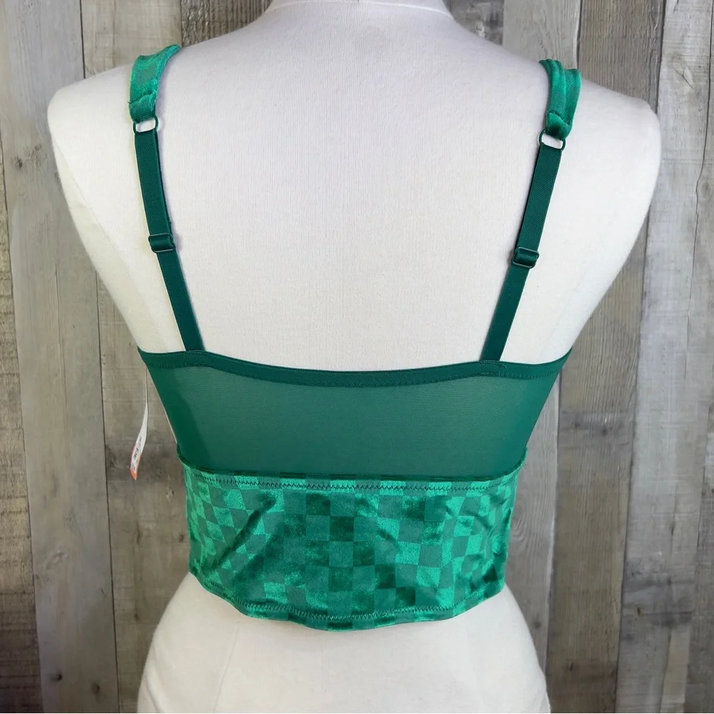 Colsie Size Small Green Velvet Checkered Crop Top Bralette W/Adjustable …